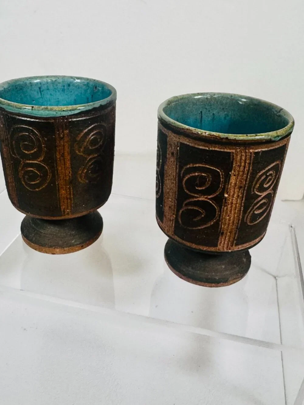 Vtg Set 2 Studio Pottery Stoneware Pedestal 3.25